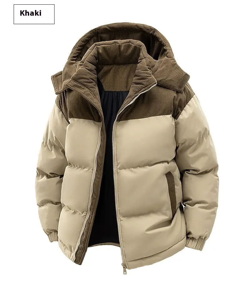 Unisex khaki puffer jacket with a contrasting brown corduroy detachable hood and sleeve accents showcasing patchwork design.