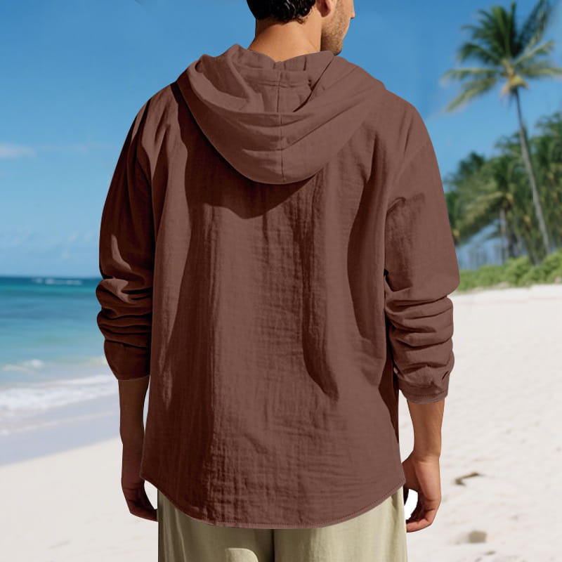 men linen hooded cardigan shirt in brown with a relaxed fit lightweight fabric and subtle texture