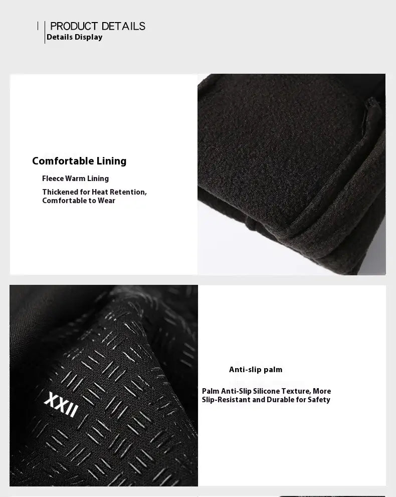 black xxii usb heated cycling gloves featuring a fleece warm lining and an anti-slip silicone palm texture shown from the back side for windproof and touchscreen use.
