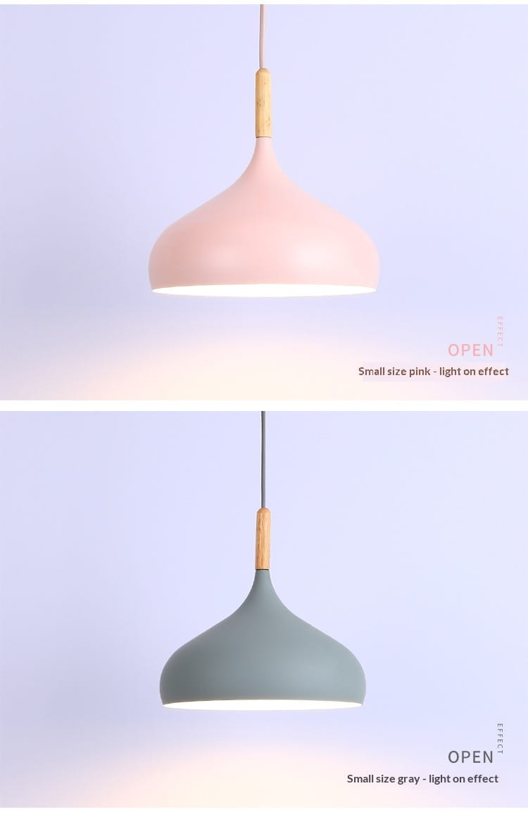 Nordic macaron led pendant light featuring pink and gray matte teardrop-shaped shades with wood accent suspension.