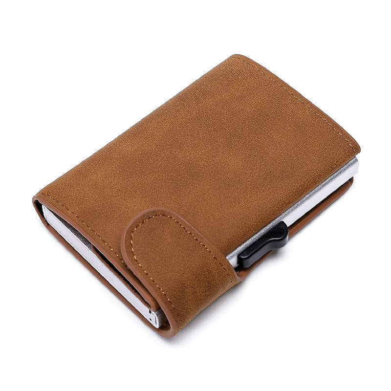 Crazy Horse leather metal card case wallet featuring a brown suede exterior with a sleek silver metal interior and a black magnetic clasp.