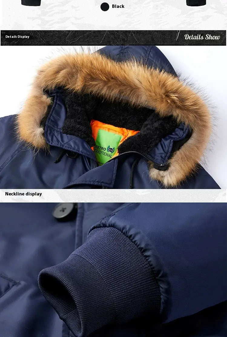Navy blue bomber jacket with removable tan fur-lined collar and black ribbed cuffs in plus size.