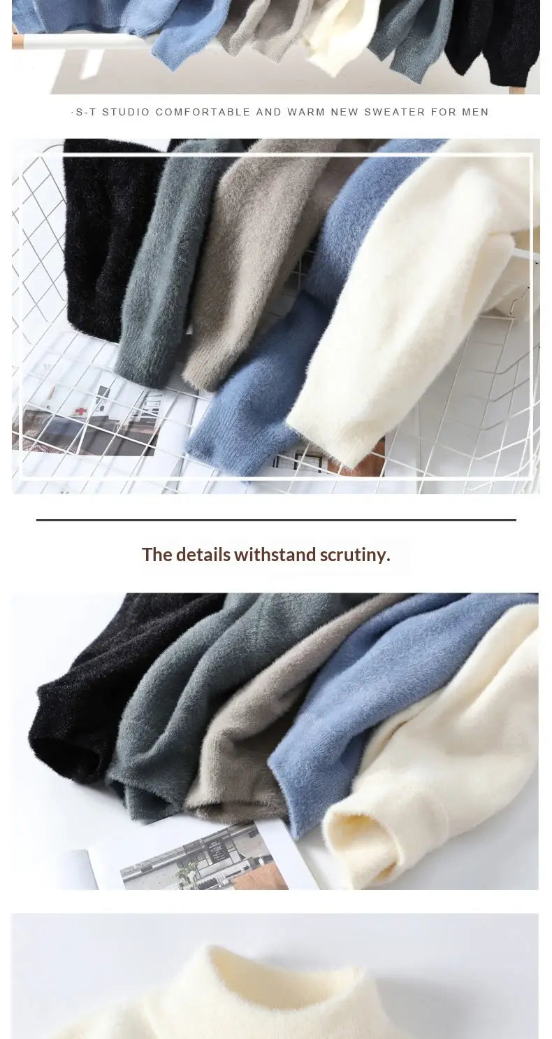 a collection of soft, cozy men half turtleneck sweaters in warm knit pullover material in neutral tones including black, gray, blue, and cream.