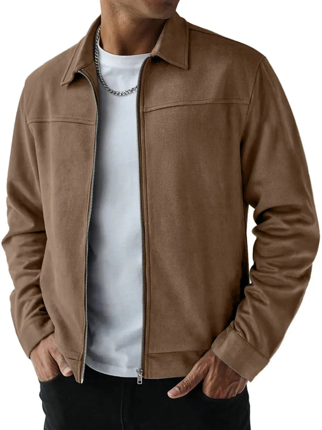 Men suede bomber jacket in tan with a classic collar and front zipper made from soft suede material.
