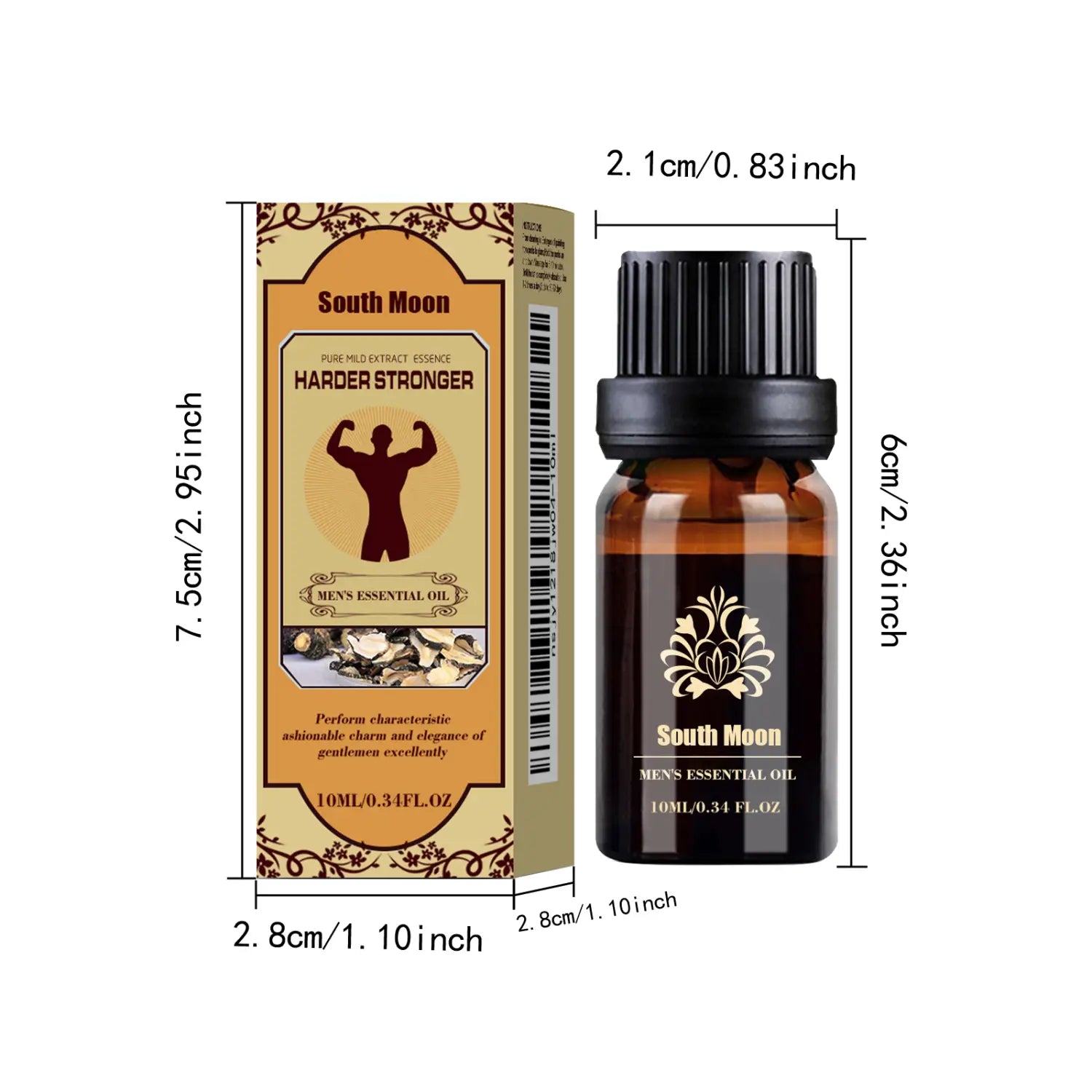 South moon men men’s essential oil jojoba massage vitality in a 10ml amber glass bottle with a black ribbed cap and gold foil label.