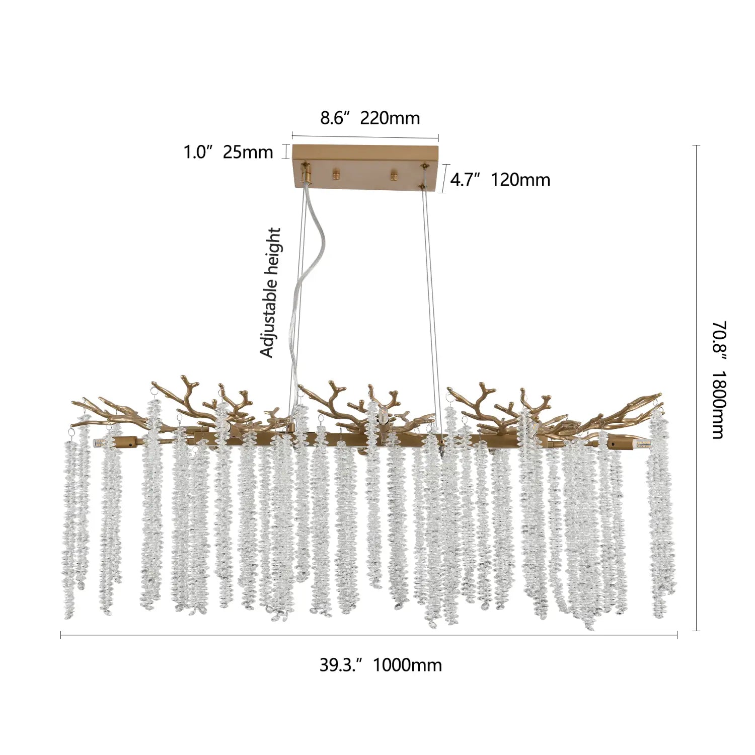 39 inch golden crystal waterfall pendant light featuring a gold-toned chandelier with a branch-like design and cascading clear crystal droplets.