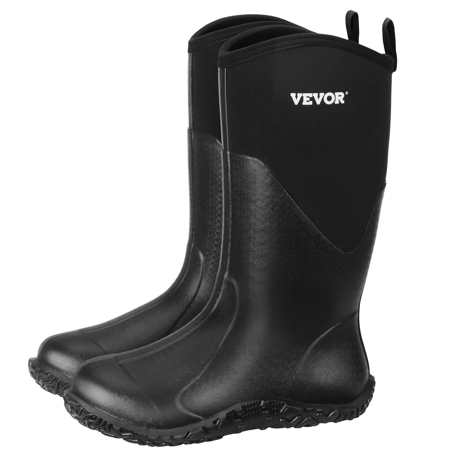 Men’s Black vevor insulated waterproof rubber hunting and work boots featuring a reinforced upper and textured sole.