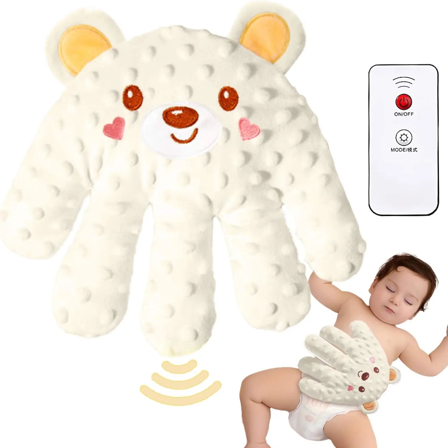 Cream-colored plush bear-shaped baby comforter with a textured surface and embroidered facial features designed as an electric baby soothing palm automatic patting toy plush.