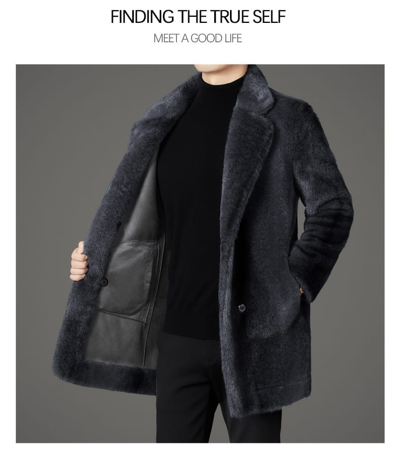 Men’s furs shearling double breasted winter coat in dark gray faux fur with a plush textured exterior and black leather accents on the inner lining.