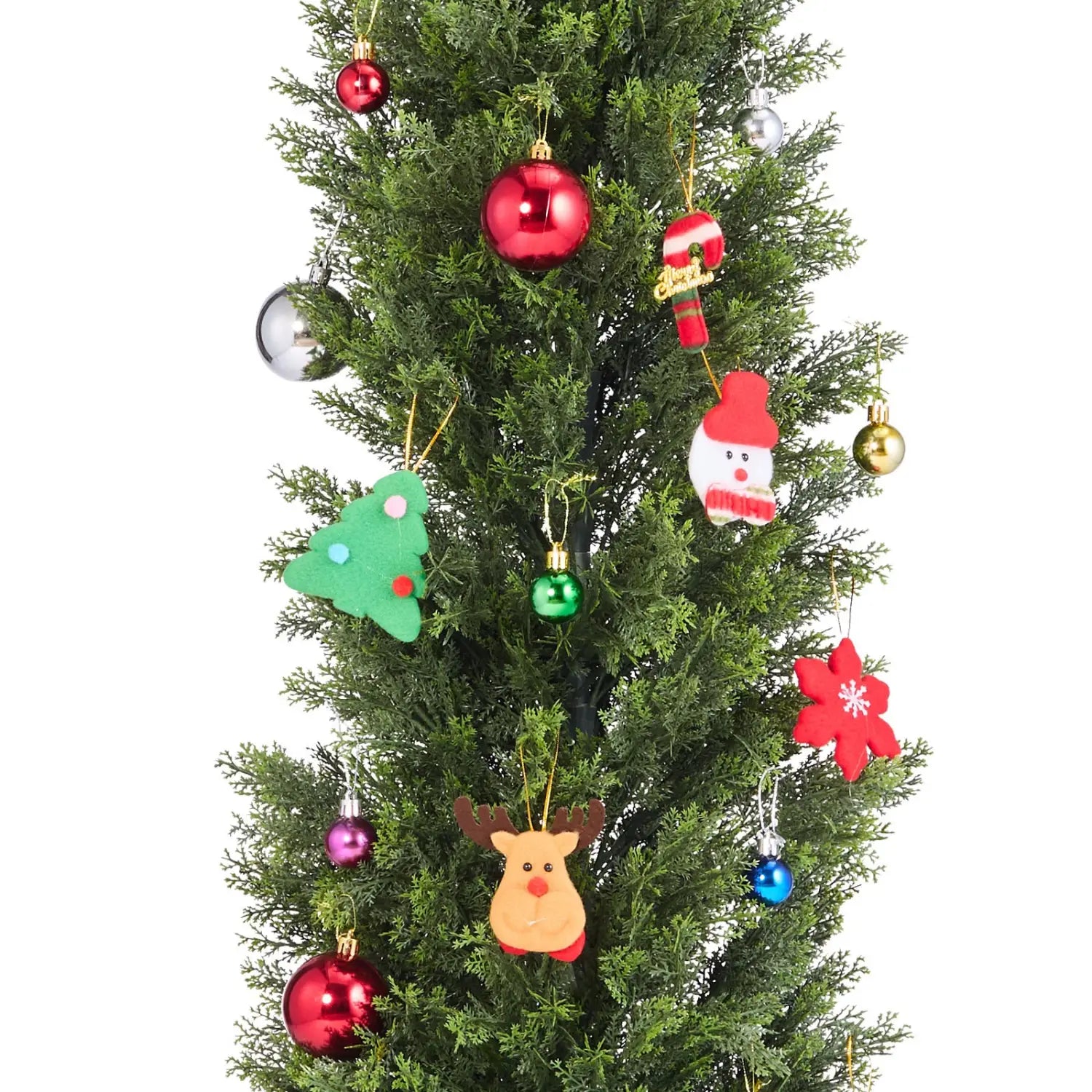 A festive artificial cedar topiary tree set of 2 60 inch featuring colorful shiny ornaments and plush character decorations.