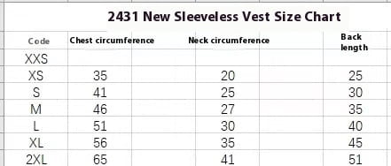 The 2431 new sleeveless vest size chart for the reflective small dog shirt sleeveless pet apparel is a clear black and white table with bold headers displaying chest circumference neck circumference and back length measurements from XXS to 2XL.