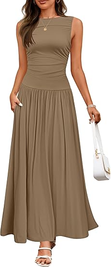 a flowing olive green sleeveless maxi dress with a fitted bodice and flared skirt featuring elegant pleats and pockets