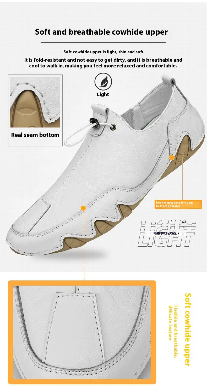 Chaussures de sport décontractées à enfiler pour homme en cuir véritable blanc, avec des touches beige et un design léger et respirant