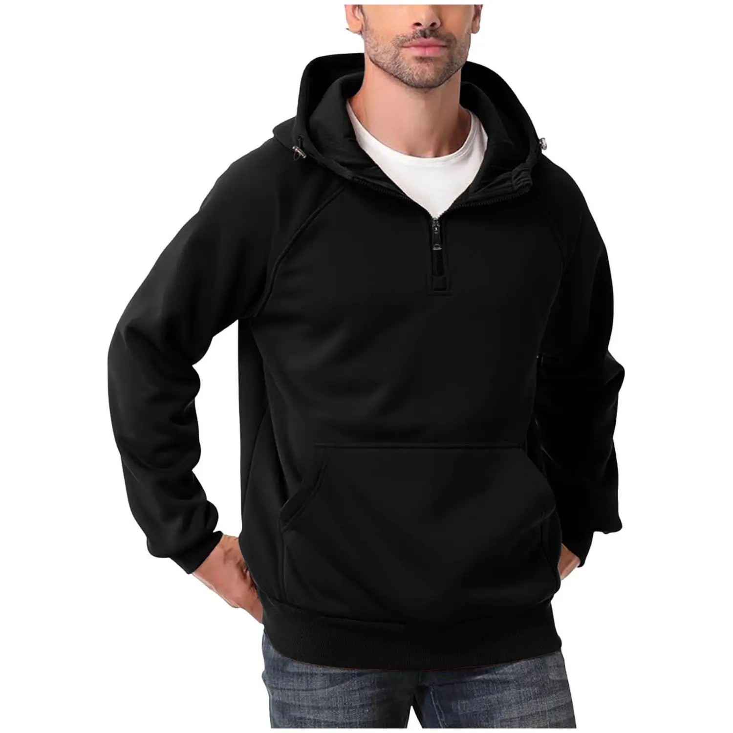 Herren-Casual schwarzer Hoodie mit Reißverschluss vorne, mit Kapuze, Fronttasche und gerippten Bündchen, ideal für den täglichen Gebrauch.