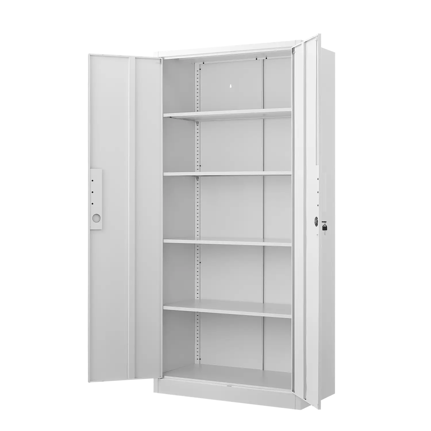 White metal steel file cabinet with 70 inch height, two lockable doors, and four adjustable shelves for secure storage.
