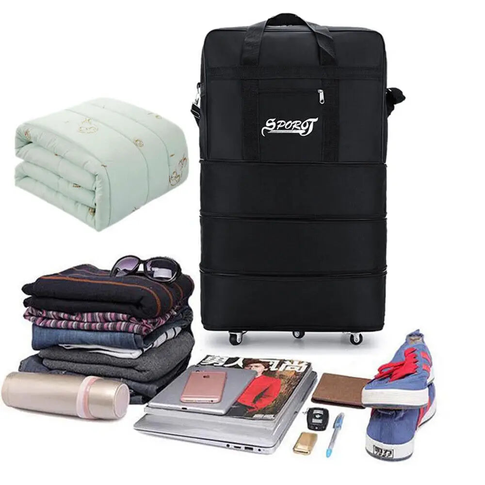 Black 42 inch expandable lightweight rolling travel suitcase with sport logo on front and multiple compartments.