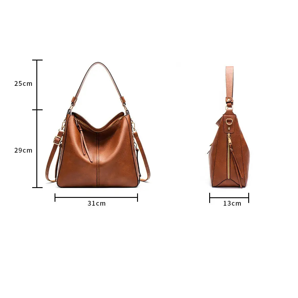 Premium brown leather hobo crossbody bag with a single top handle, detachable strap, and gold hardware accents.