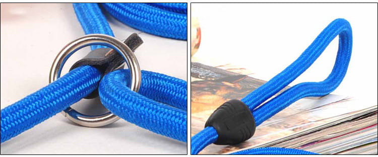 Correa para perro de nailon trenzado azul con anillo metálico plateado y tapa final de plástico negro, para mascotas pequeñas y grandes.