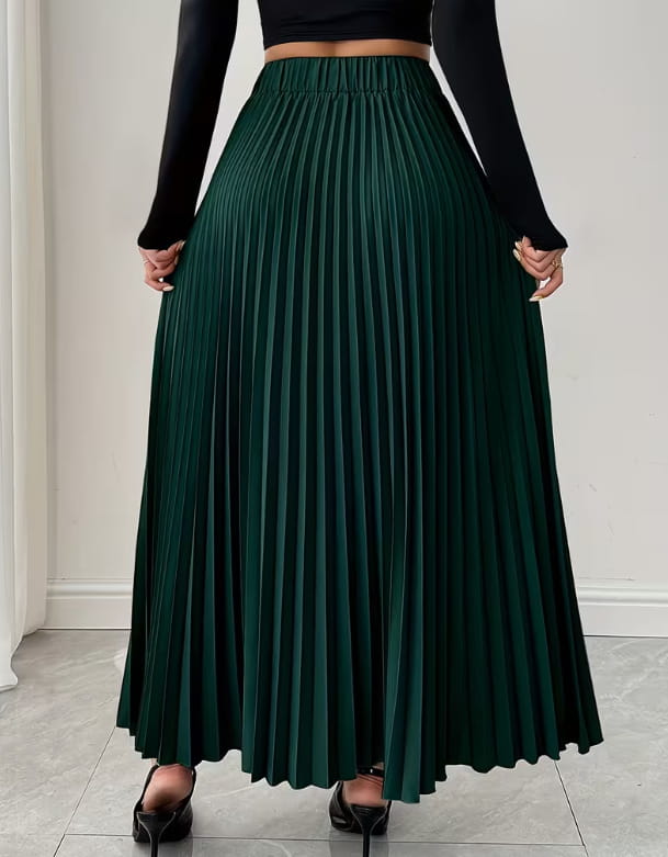 A deep emerald green pleated midi skirt with a high-waisted elastic band and smooth flowing folds, designed in an a-line silhouette with a belt.