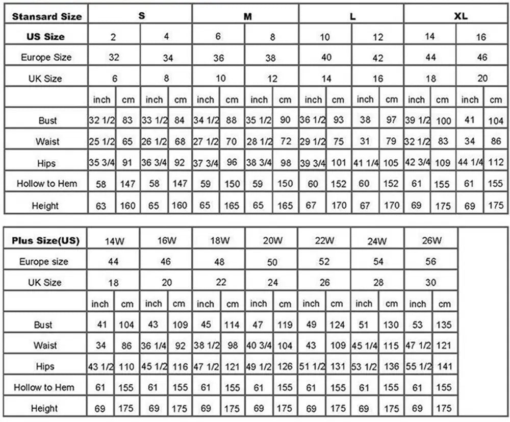 This is a detailed size conversion chart for the exquisite 3d floral embroidered sweetheart tulle prom gown showing bust waist hips and hollow-to-hem measurements in inches and centimeters for standard sizes s to xl and plus sizes 14w to 26w.