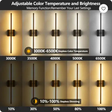modern led wall sconce 2-pack dimmable black matte light featuring an adjustable led wall sconce with a sleek black finish vertical design and stepless color temperature control from 3000k to 6500k.