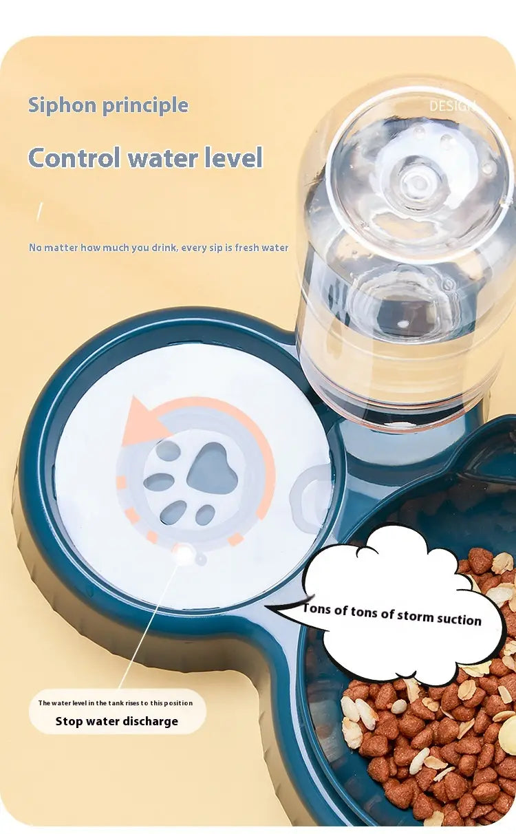 Distributeur orthopédique pour chat avec gamelle d’eau automatique comprenant un distributeur d’eau pour animaux bleu et blanc avec mécanisme à siphon et motif d’empreinte de patte sur le couvercle.
