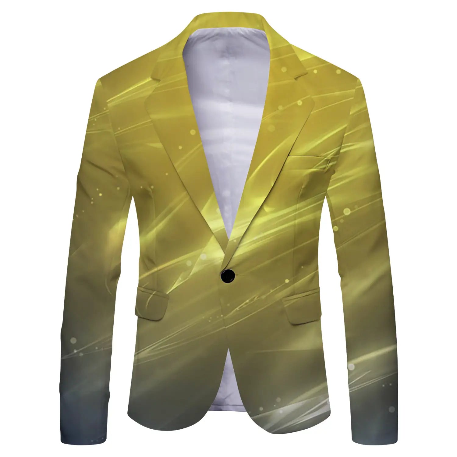 Mens slim fit casual blazer british style suit in vibrant yellow with a dynamic abstract pattern of light streaks and speckles fading to dark gray at the cuffs.