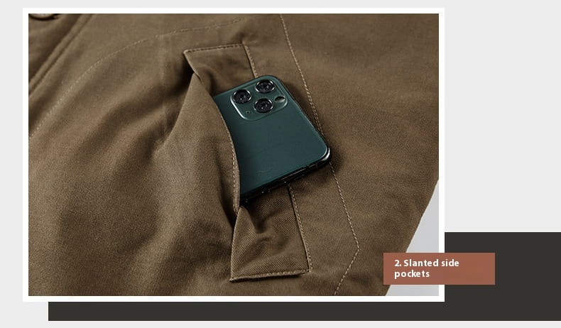 dark green smartphone with triple-camera array resting in the slanted side pocket of a brown fabric mens fleece lined winter cotton jacket viewed from the back side