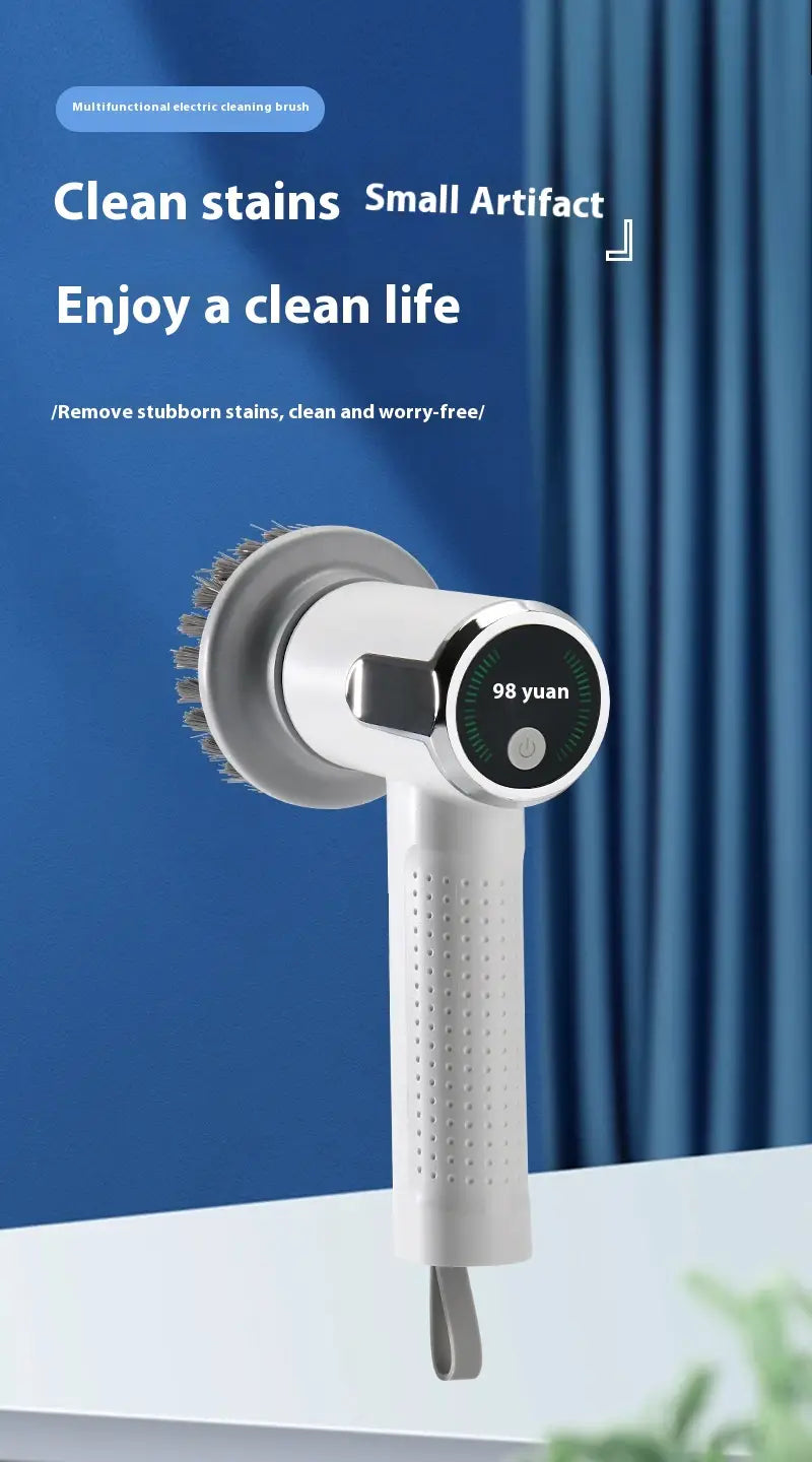 White and silver multifunctional electric cleaning brush with digital display on circular head showing 98 yuan for wireless smart scrubber tool.