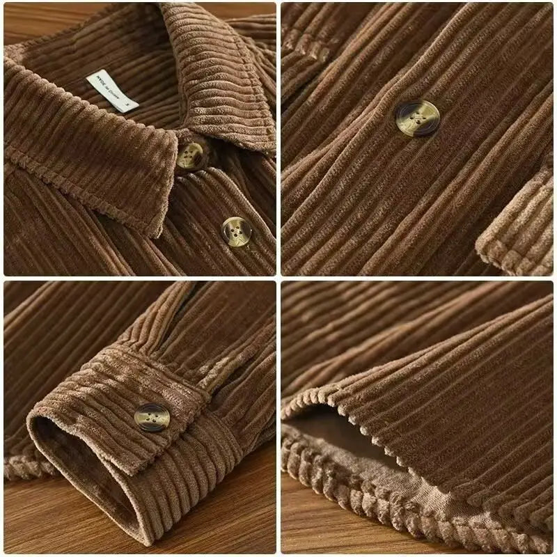 Braunes Cordhemd für Herren, schmal geschnitten, langarm, mit goldfarbenen Knöpfen, geeignet für Herbstbekleidung.