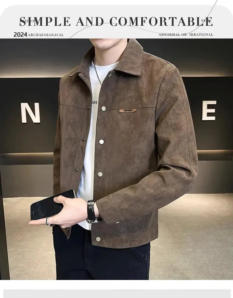 Brown suede lapel spring jacket for men featuring button closures and a collar.