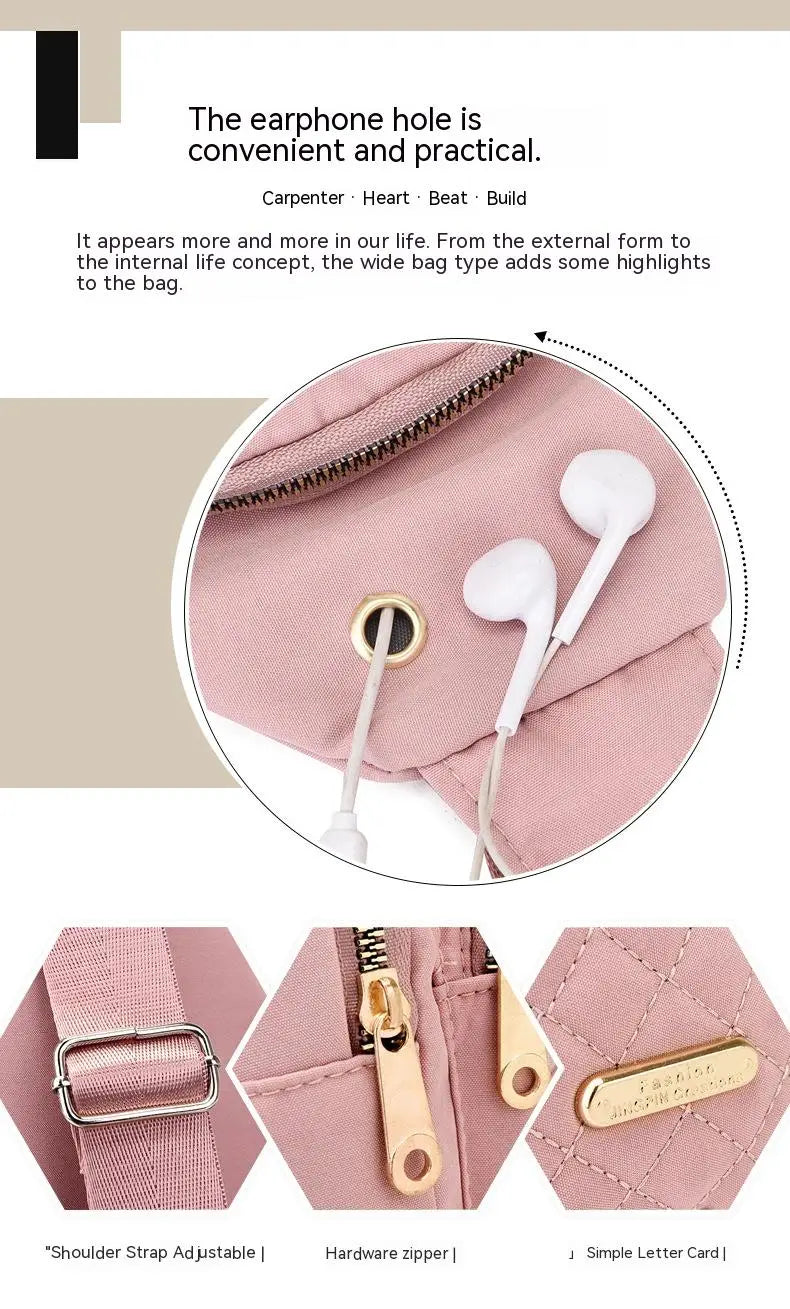 Pink quilted fabric crossbody slanted chest bag for women with adjustable shoulder strap gold-tone hardware zipper and metal plate.