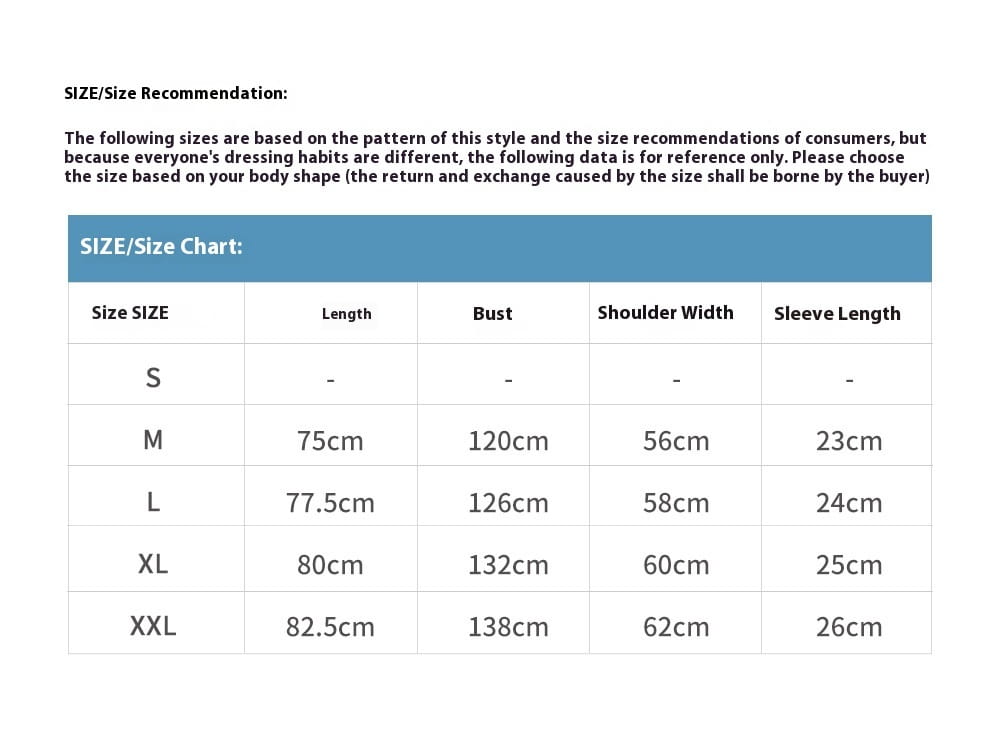 Size chart for embroidered plaid short sleeve shirt showing measurements in centimeters for sizes s through xxl.