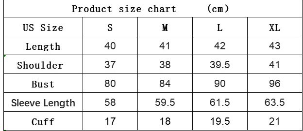 Product size chart for ribbed backless slim fit long sleeve crop top showing measurements in centimeters for sizes S through XL.