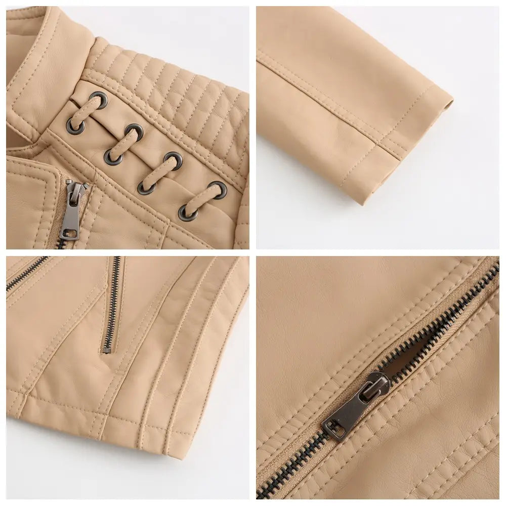 Beige Slim-Fit-Faux-Leder-Motorradjacke für Damen mit wattierten Details und silberfarbenen, gerundet wirkenden Reißverschlüssen.
