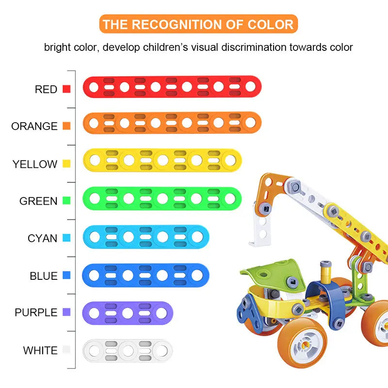 Brightly colored metal engineering vehicle robot 10 in 1 building block set featuring a built-up excavator model with interlocking pieces in red orange yellow green cyan blue purple and white.