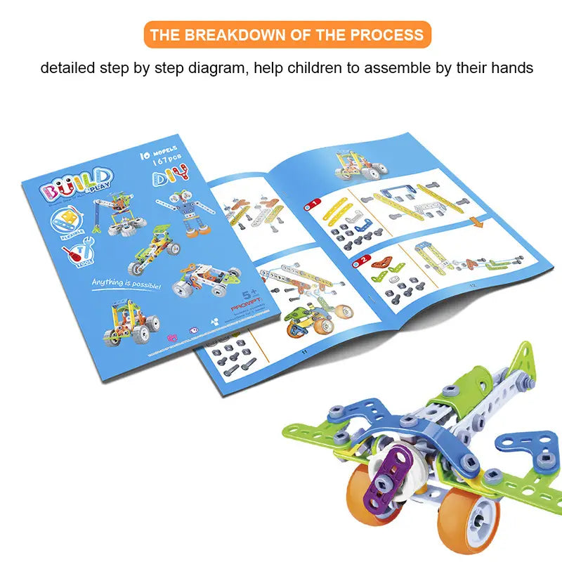 A colorful assembled toy airplane made of interlocking green blue purple and orange metal pieces with wheels from the engineering vehicle robot 10 in 1 building block set.