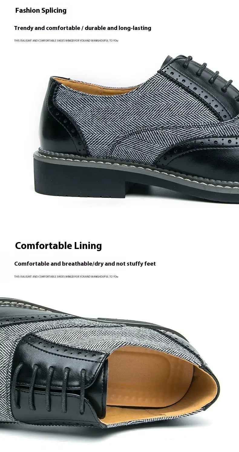 Men’s Korean style woven leather brogue high top shoes with brown and gray herringbone wingtip polished accents