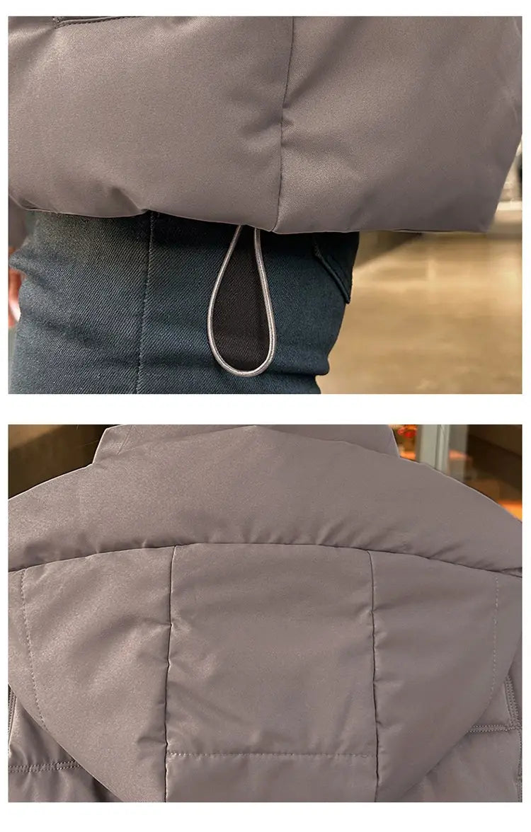Veste courte matelassée à capuche pour femme, en matière grise matelassée, avec taille à cordon de serrage et surpiqûres visibles, conçue pour l’habillement d’hiver chaud.