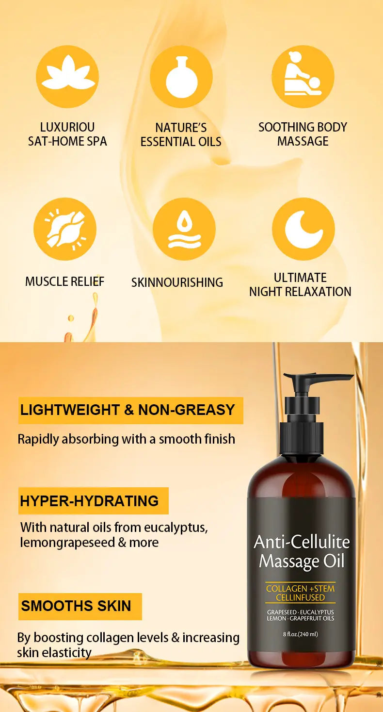 Dunkle Ambra-Glasflasche mit schwarzem Pumpspender, gefüllt mit Anti-Cellulite-Massageöl mit Kollagen mit Eukalyptus- und Zitronen-Graapefruit-Seed-Ölen als Zutaten in einer Größe von 240 ml.