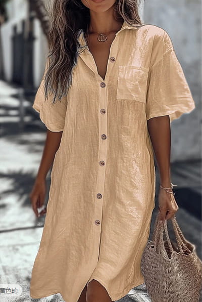Beige linen short sleeve button down dress with a front pocket suitable for elegant casual wear.