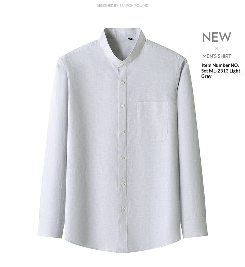 Men linen mandarin collar slim shirt in light gray featuring a button-down front and a single chest pocket.