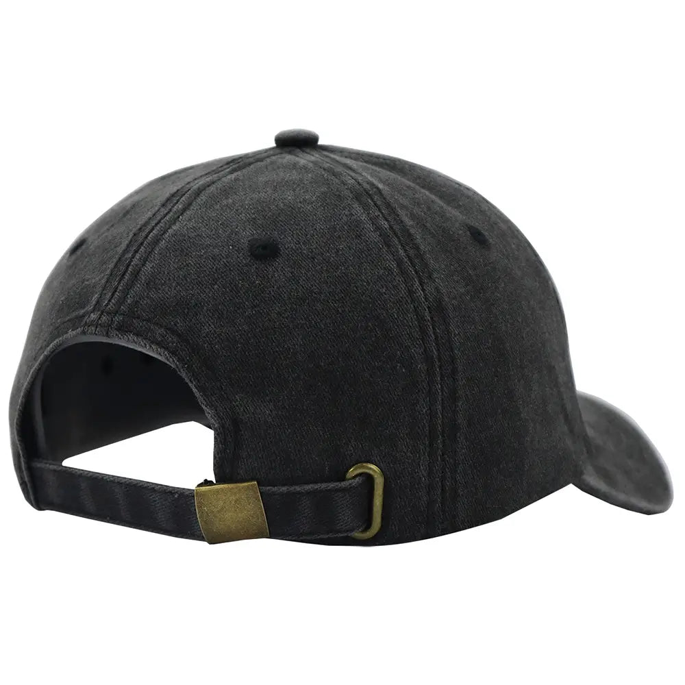 Black denim baseball cap with a curved brim and brass-colored metal buckle titled pool hair dont care vintage baseball cap.