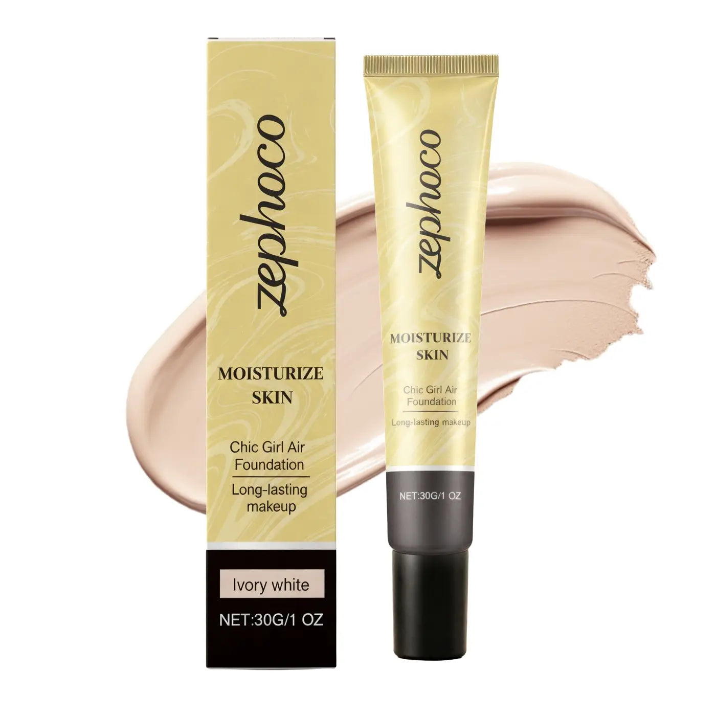 Zephoco flüssige Foundation mit feuchtigkeitsspendender Air-Makeup-Formel, als Concealer in Elfenbeinweiß, dargestellt in einer eleganten goldfarbenen Tube mit schwarzem Verschluss und passender Verpackung.