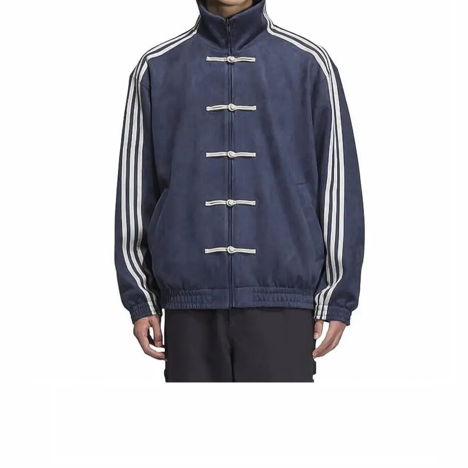 Navy blue Tang Style fleece sport jacket with white three-stripe sleeves and traditional toggle closures.