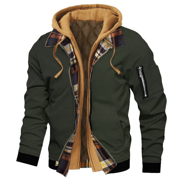 Plus size olive green bomber jacket with tan fleece lined hood and plaid inner lining designed for warmth and comfort.
