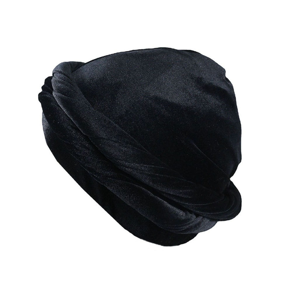 Men gold velvet turban hat featuring a black velvet fabric with soft draped folds and a smooth luxurious texture.