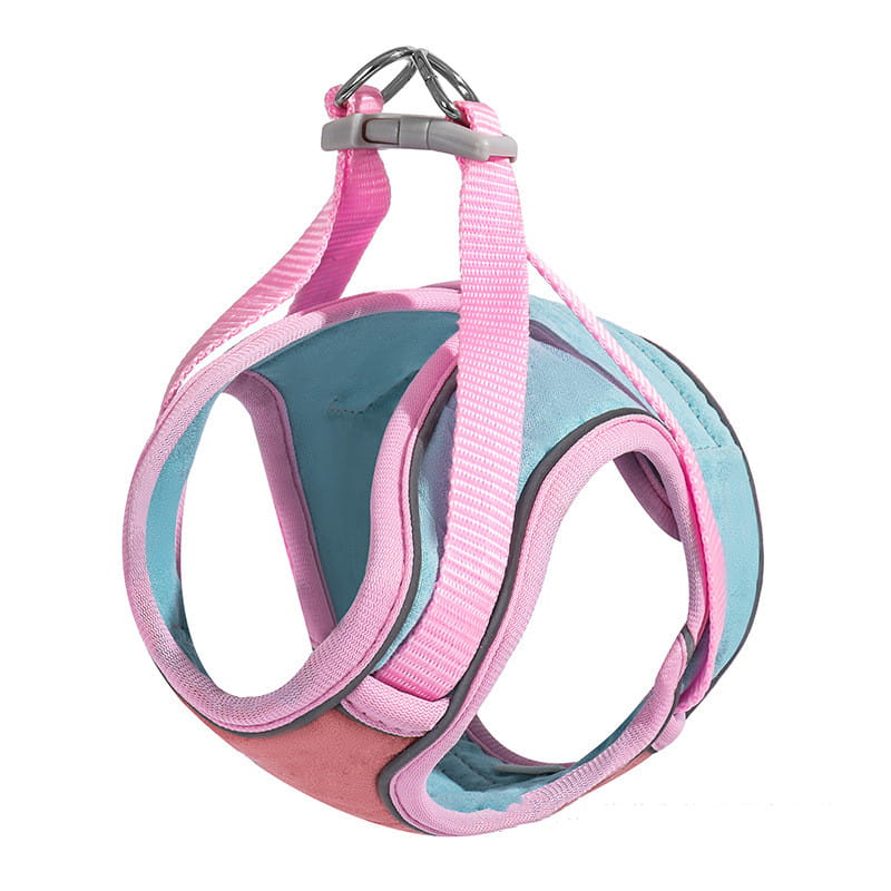 Reflective cat harness and leash set escape proof with pink and teal pet harness featuring adjustable straps and gray plastic buckle.