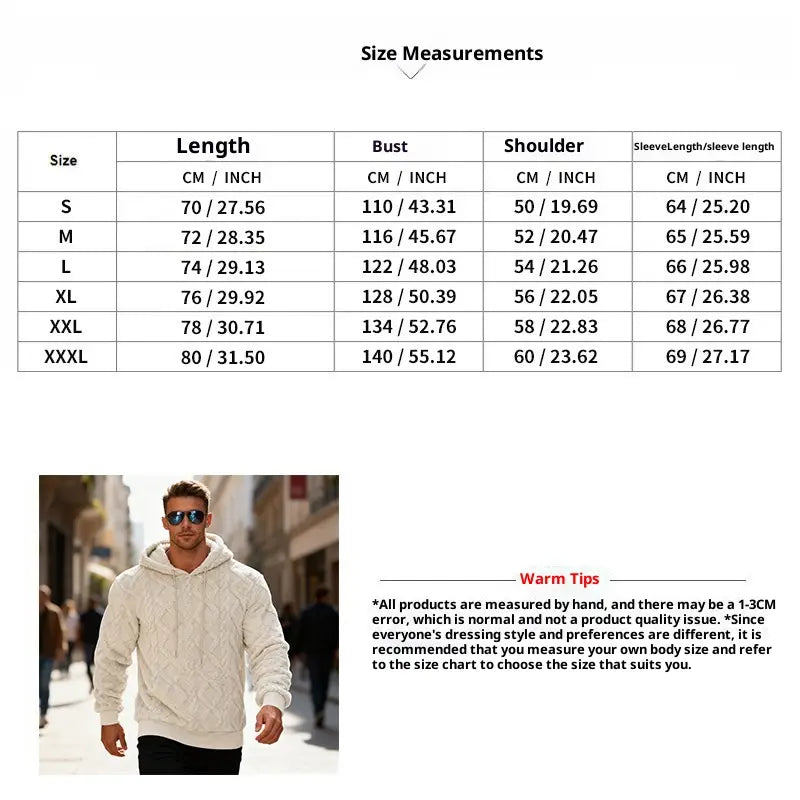 A cream-colored men’s textured fleece lined knit hoodie featuring a cable-knit design with a hood and long sleeves.