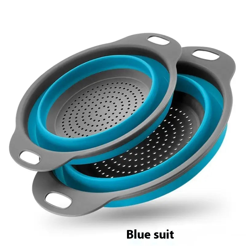 Set of two collapsible silicone colanders with gray and bright blue accents featuring a perforated interior for draining liquids.